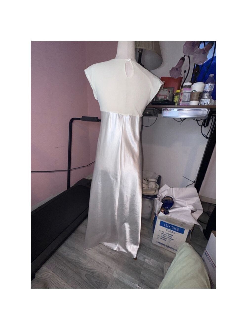 Satin gown cream sz med USA made! Satin bottom top sheer embroidered - Picture 10 of 13